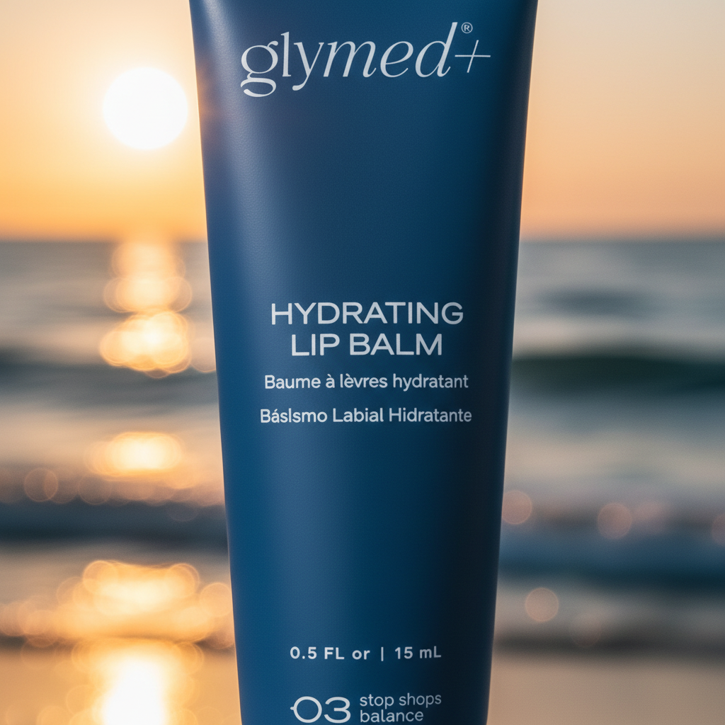 Hydrating Lip Balm extreme close-up with beach background