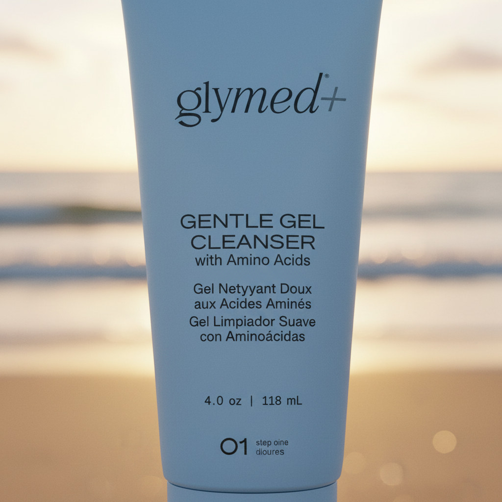 Gentle Gel Cleanser label close-up with beach background