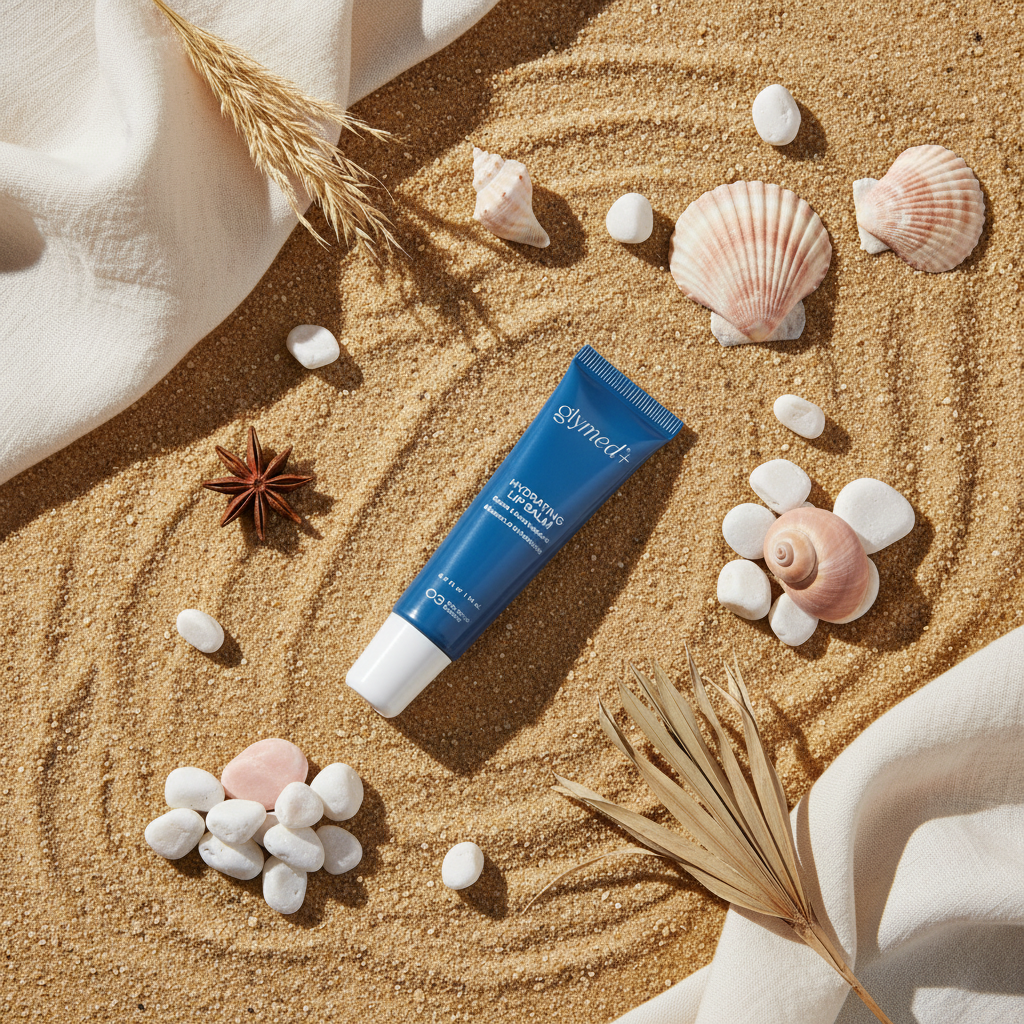 Hydrating Lip Balm beach flatlay with seashells and botanicals