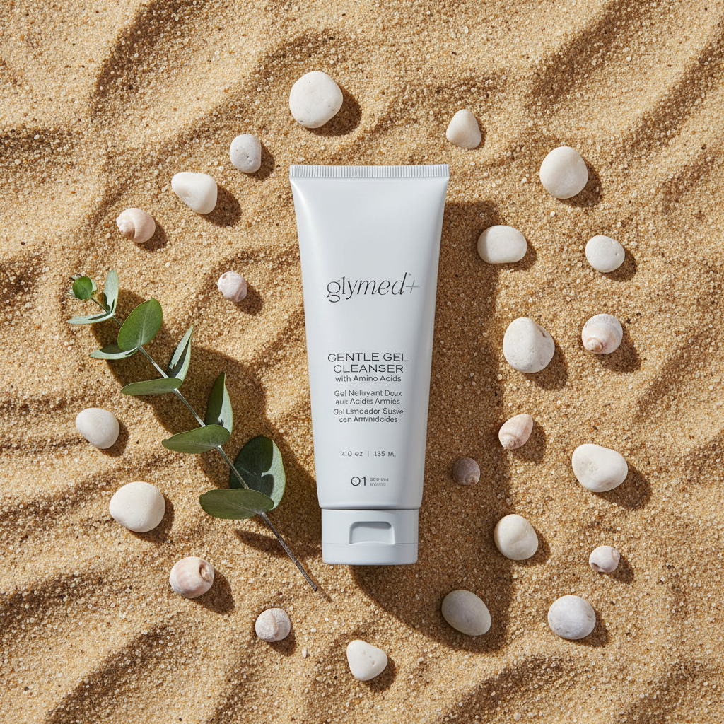 Gentle Gel Cleanser on sandy beach with seashells
