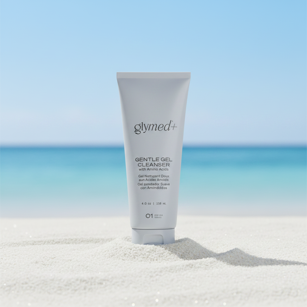 Gentle Gel Cleanser standing upright in sand on beach