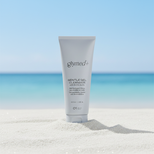 Gentle Gel Cleanser standing upright in sand on beach